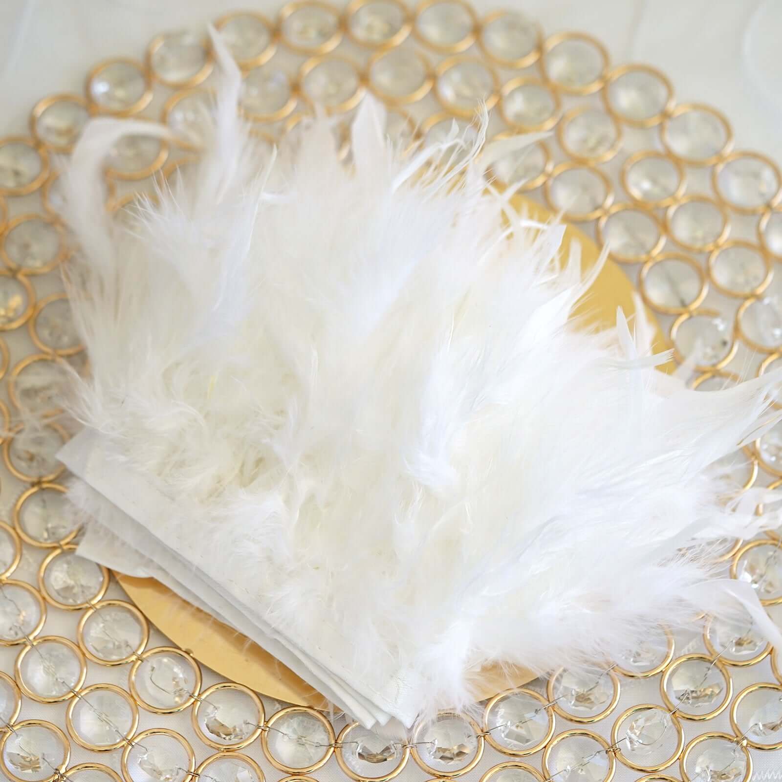 39" White Real Turkey Feather Fringe Trim With Satin Ribbon Tape - Linen Luxes