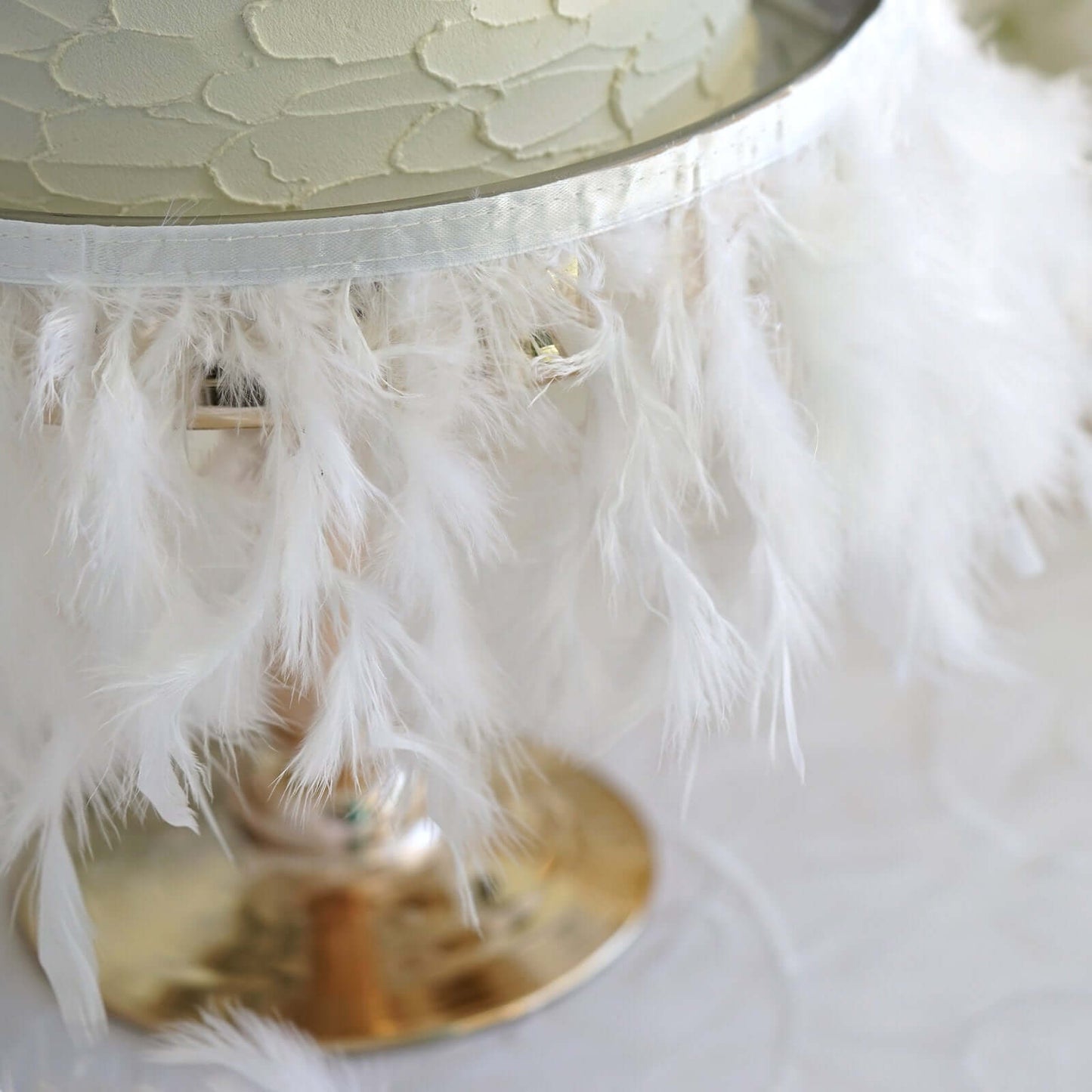 39" White Real Turkey Feather Fringe Trim With Satin Ribbon Tape - Linen Luxes