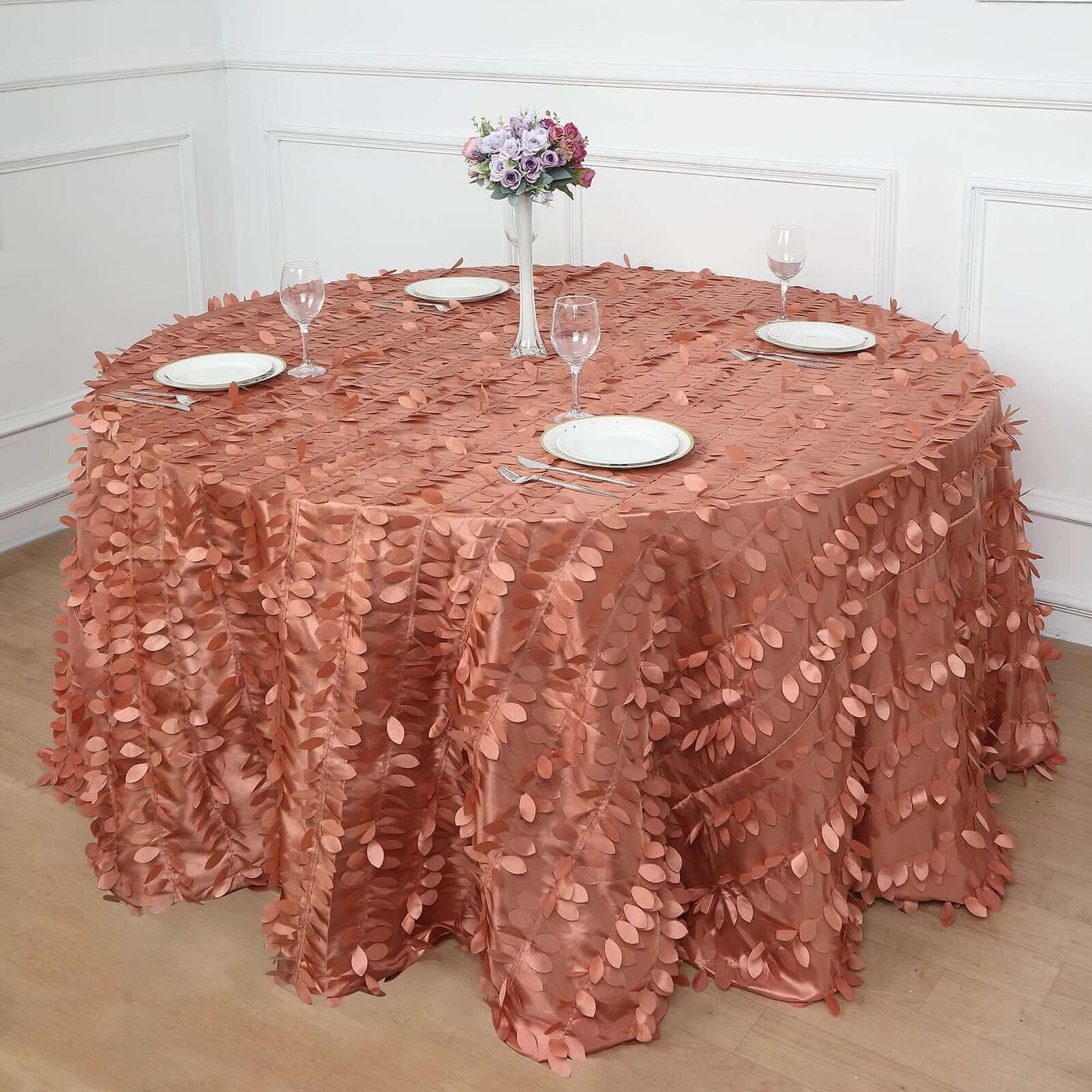 Taffeta 132" Round Tablecloth Terracotta (Rust) | 3D Leaf Petal Design Seamless Table Cover