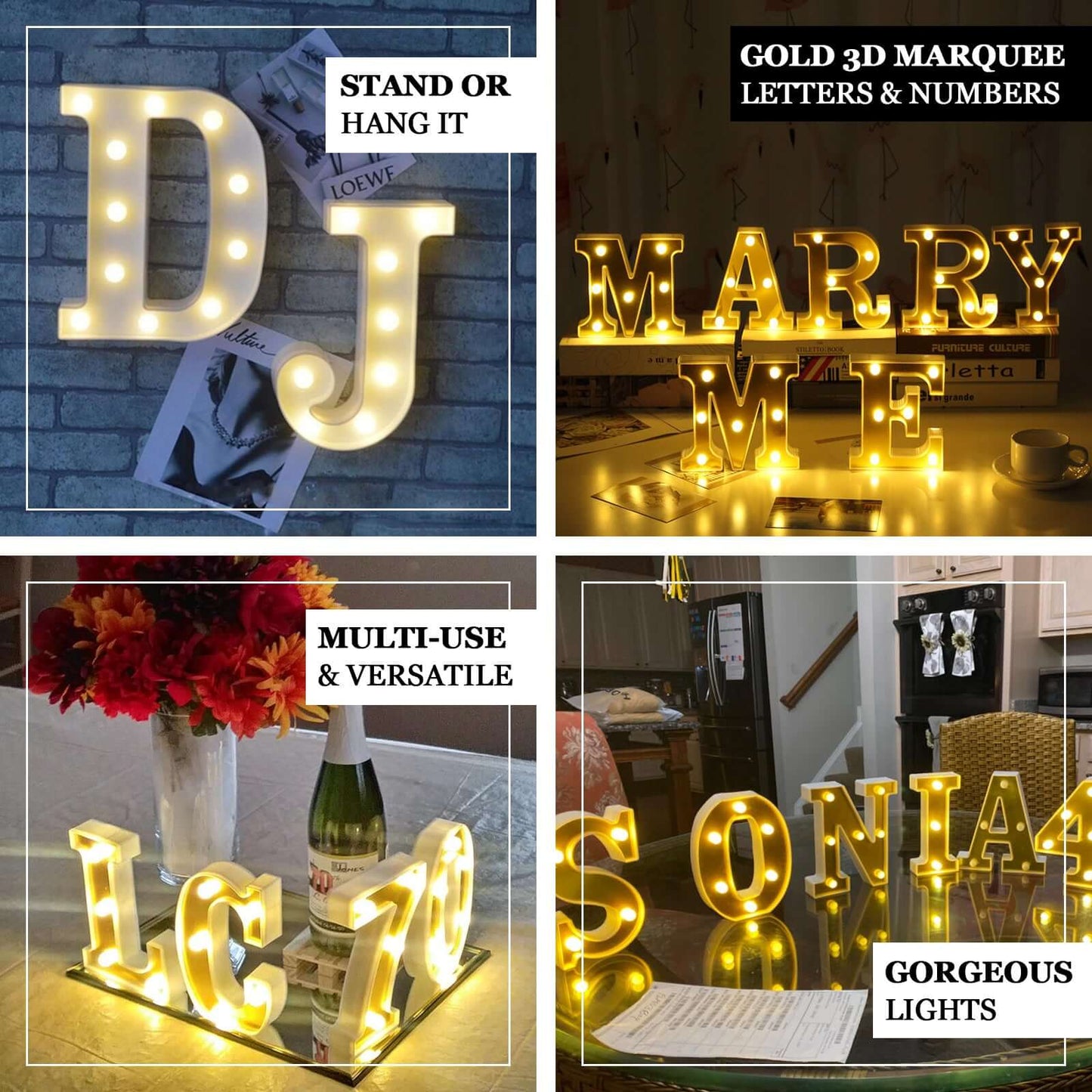 3D Marquee Letter "I" Warm White 3 LED Lights Gold - Chic Light - Up Decor for Events 6" - Linen Luxes