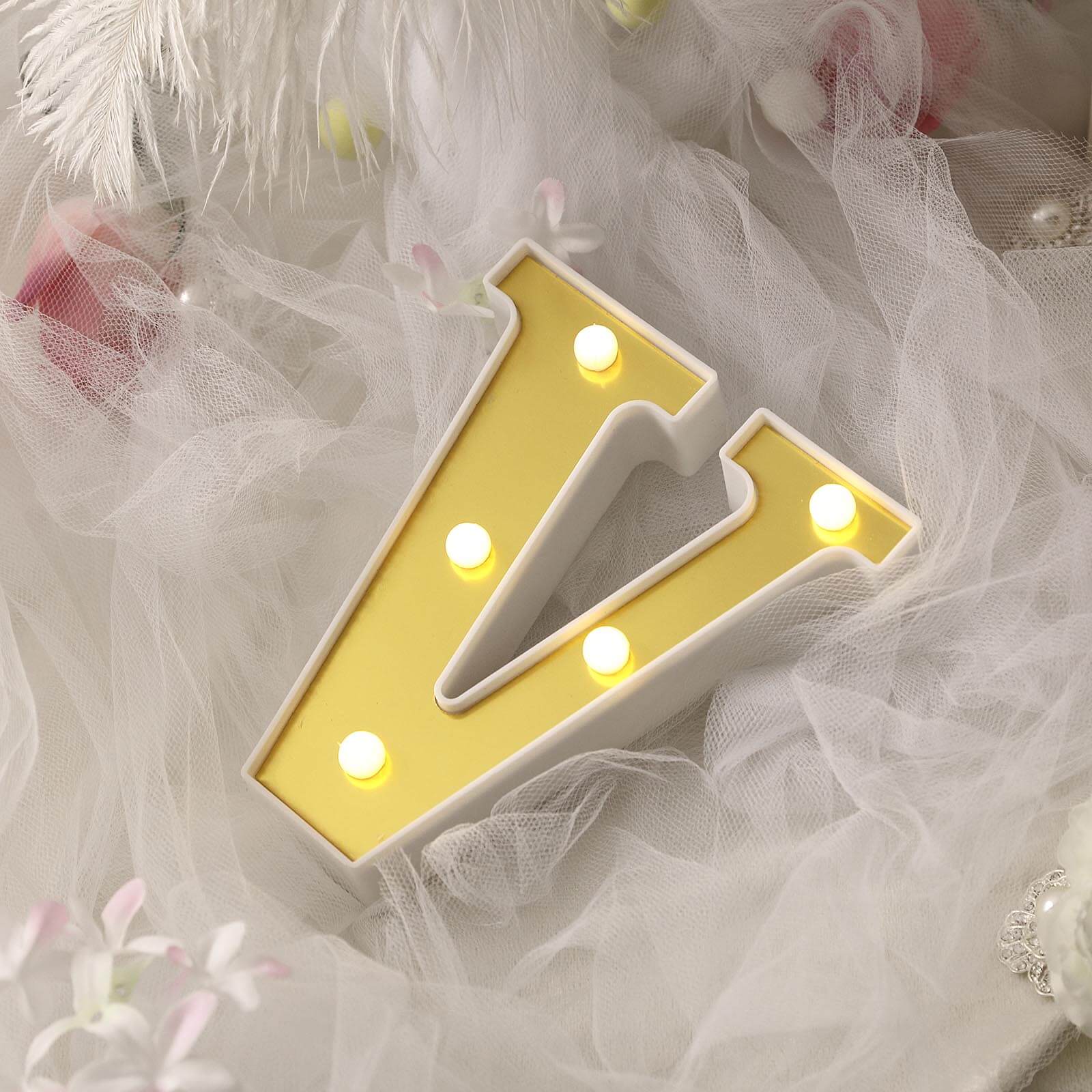 3D Marquee Letter "V" Warm White 5 LED Lights Gold - Chic Light - Up Decor for Events 6" - Linen Luxes