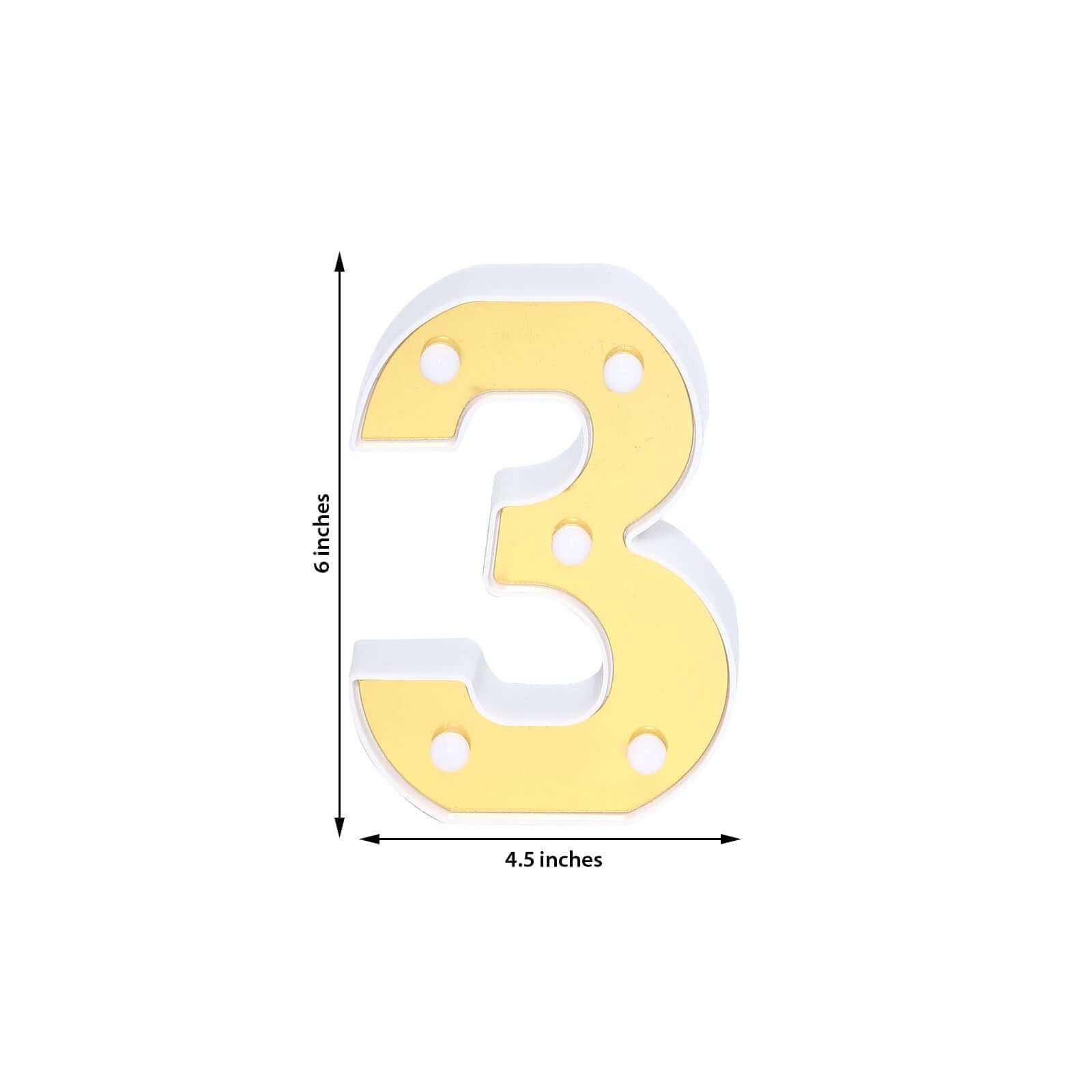 3D Marquee Number "3" Warm White 5 LED Lights Gold - Stylish Light - Up Accent for Events 6" - Linen Luxes