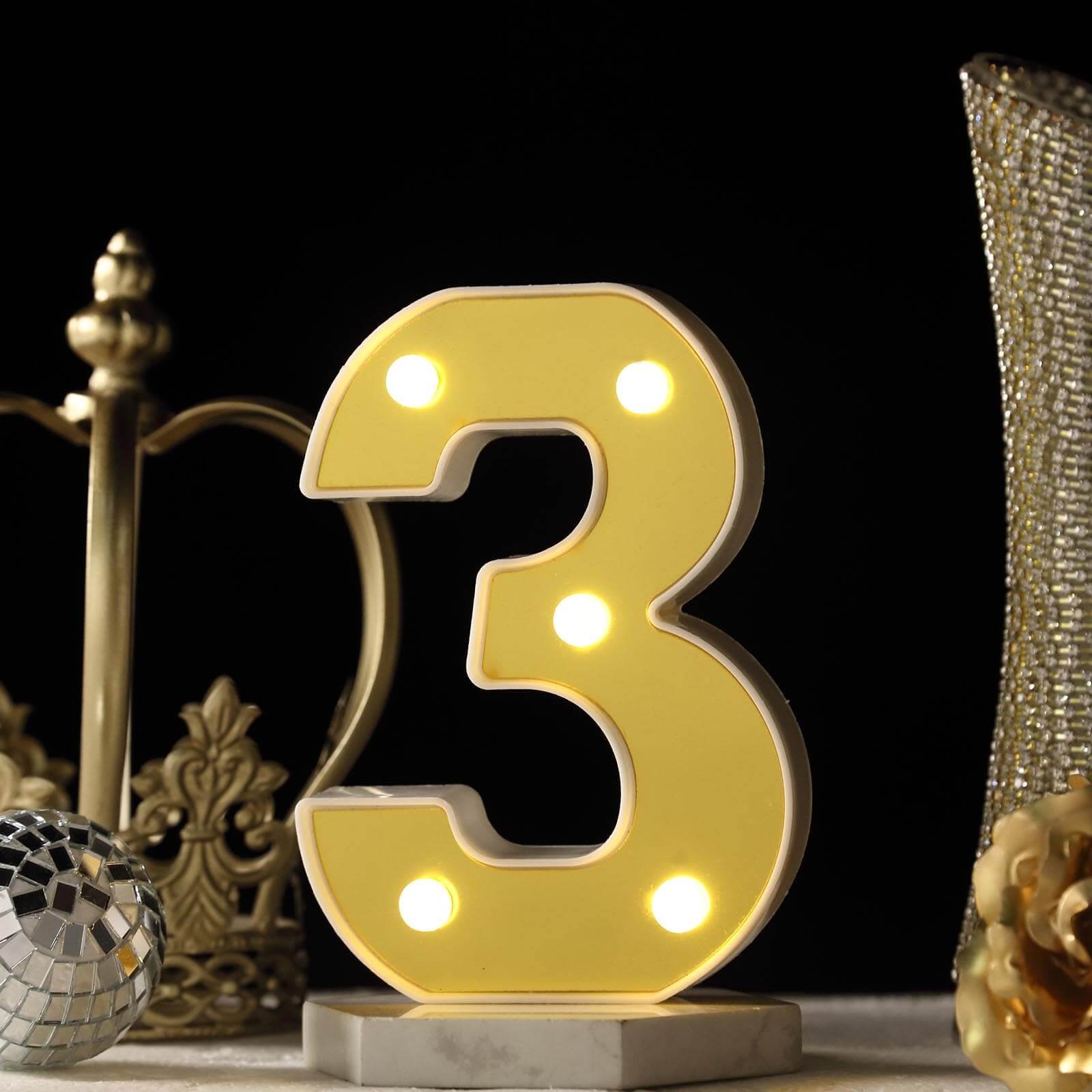 3D Marquee Number "3" Warm White 5 LED Lights Gold - Stylish Light - Up Accent for Events 6" - Linen Luxes