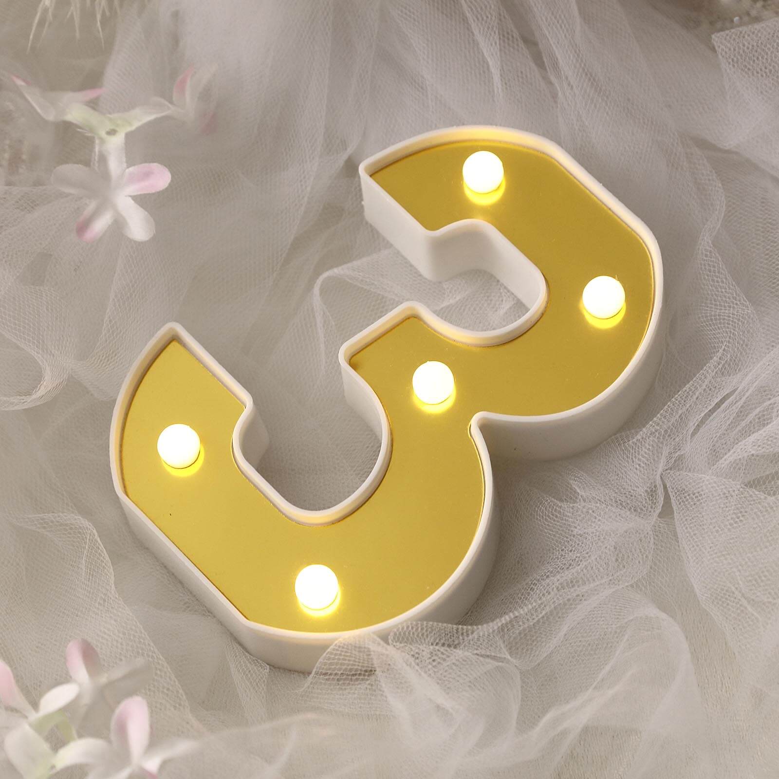 3D Marquee Number "3" Warm White 5 LED Lights Gold - Stylish Light - Up Accent for Events 6" - Linen Luxes