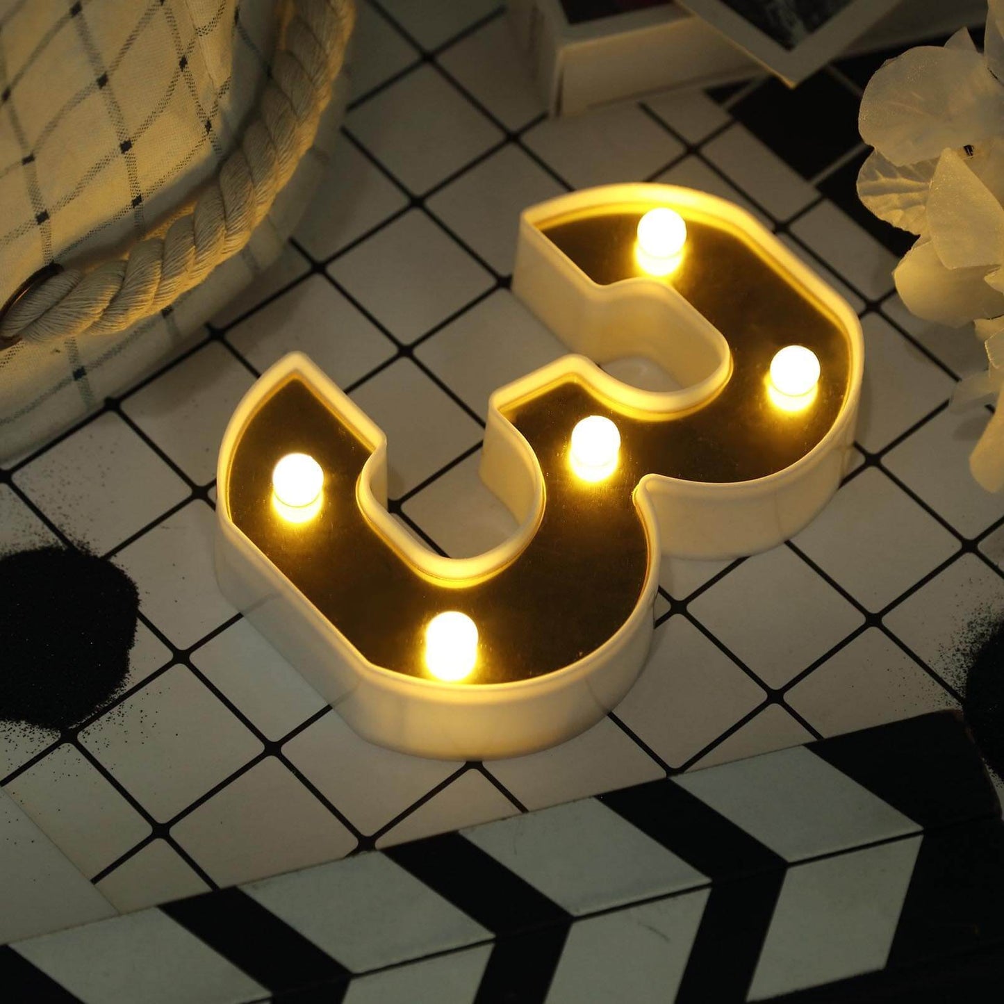 3D Marquee Number "3" Warm White 5 LED Lights Gold - Stylish Light - Up Accent for Events 6" - Linen Luxes