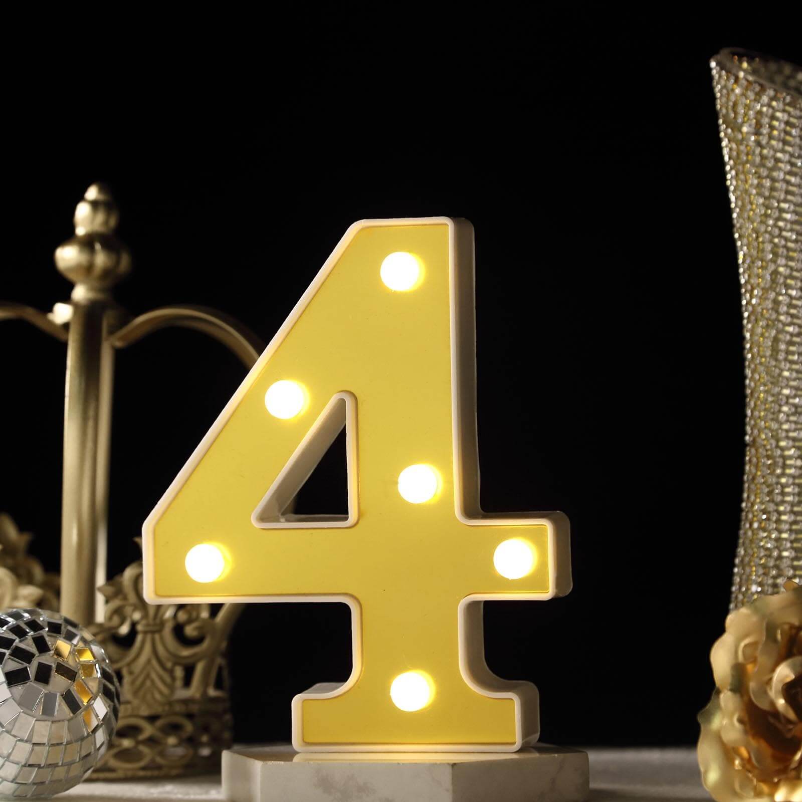 3D Marquee Number "4" Warm White 6 LED Lights Gold - Stylish Light - Up Accent for Events 6" - Linen Luxes