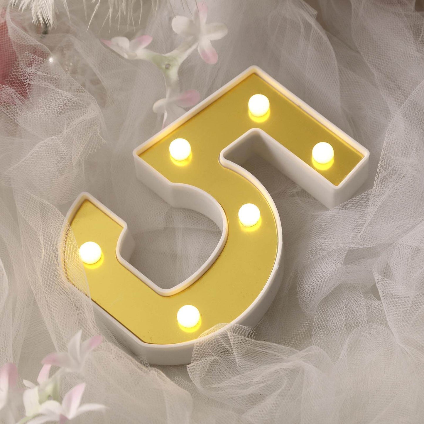 3D Marquee Number "5" Warm White 6 LED Lights Gold - Stylish Light - Up Accent for Events 6" - Linen Luxes