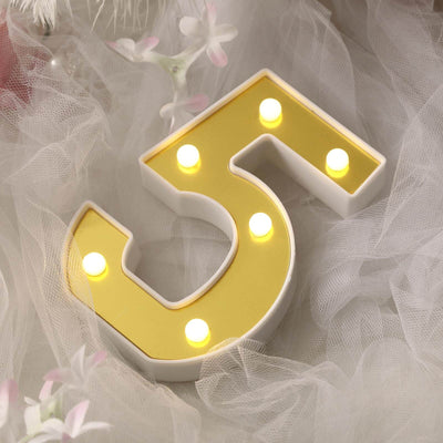 3D Marquee Number "5" Warm White 6 LED Lights Gold - Stylish Light - Up Accent for Events 6" - Linen Luxes