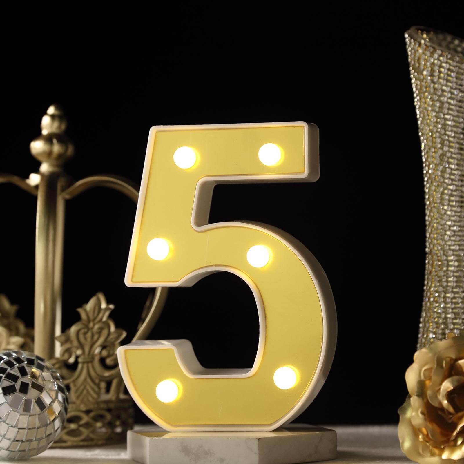 3D Marquee Number "5" Warm White 6 LED Lights Gold - Stylish Light - Up Accent for Events 6" - Linen Luxes