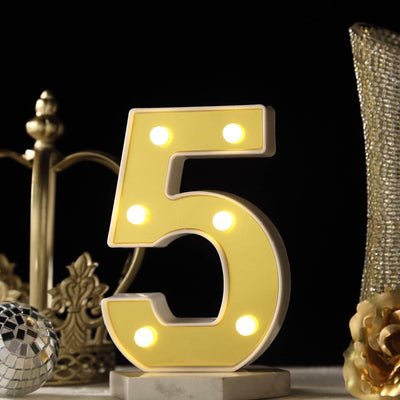 3D Marquee Number "5" Warm White 6 LED Lights Gold - Stylish Light - Up Accent for Events 6" - Linen Luxes