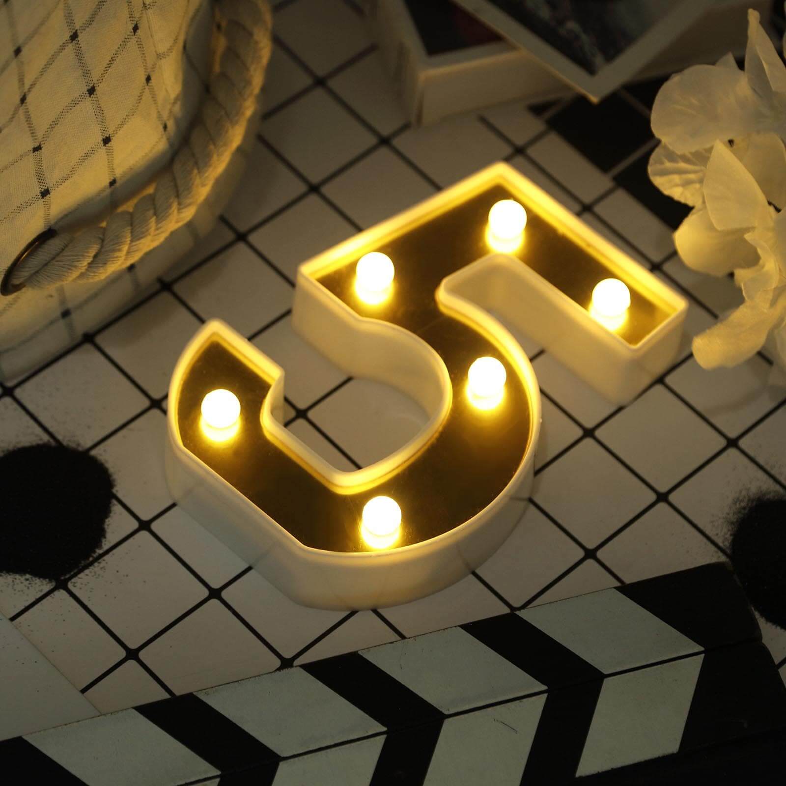 3D Marquee Number "5" Warm White 6 LED Lights Gold - Stylish Light - Up Accent for Events 6" - Linen Luxes
