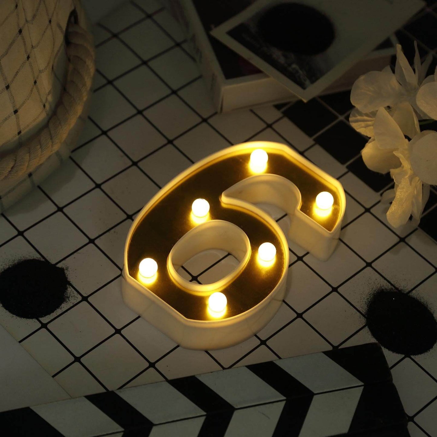 3D Marquee Number "6" Warm White 6 LED Lights Gold - Stylish Light - Up Accent for Events 6" - Linen Luxes
