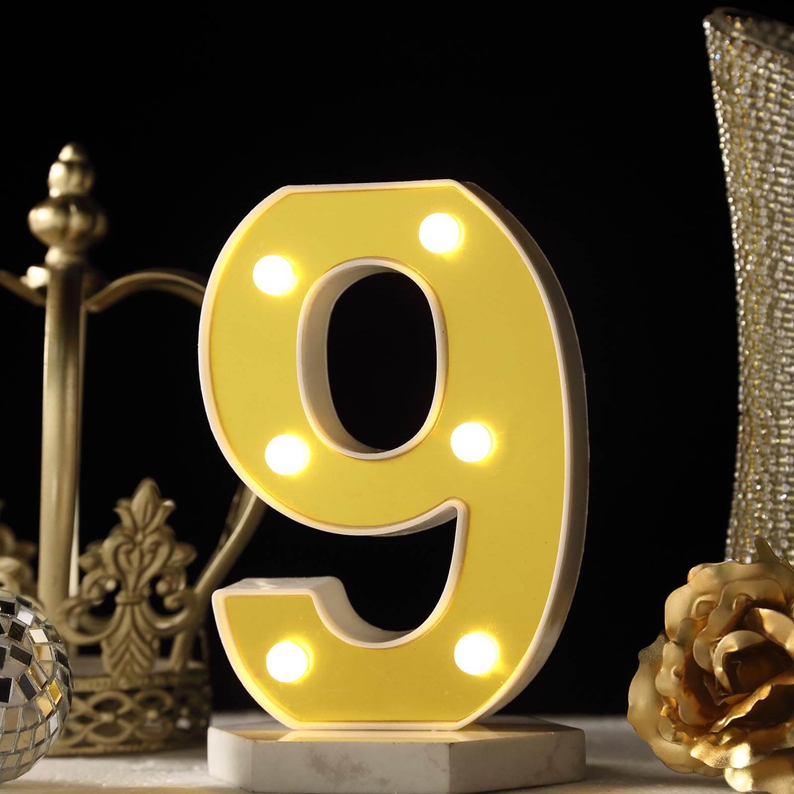 3D Marquee Number "9" Warm White 6 LED Lights Gold - Stylish Light - Up Accent for Events 6" - Linen Luxes