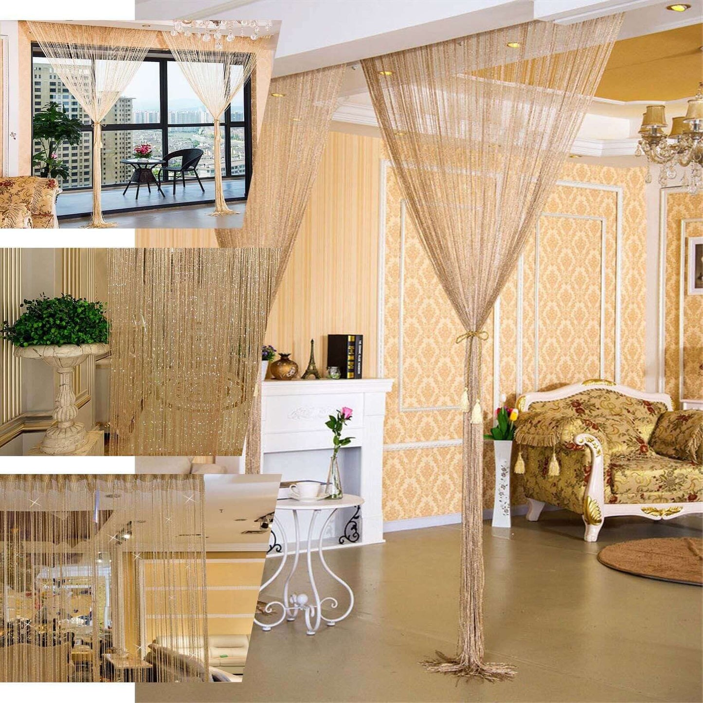 3ftx8ft Gold Silk Tassel String Curtains, Decorative Room Divider Panels - Linen Luxes