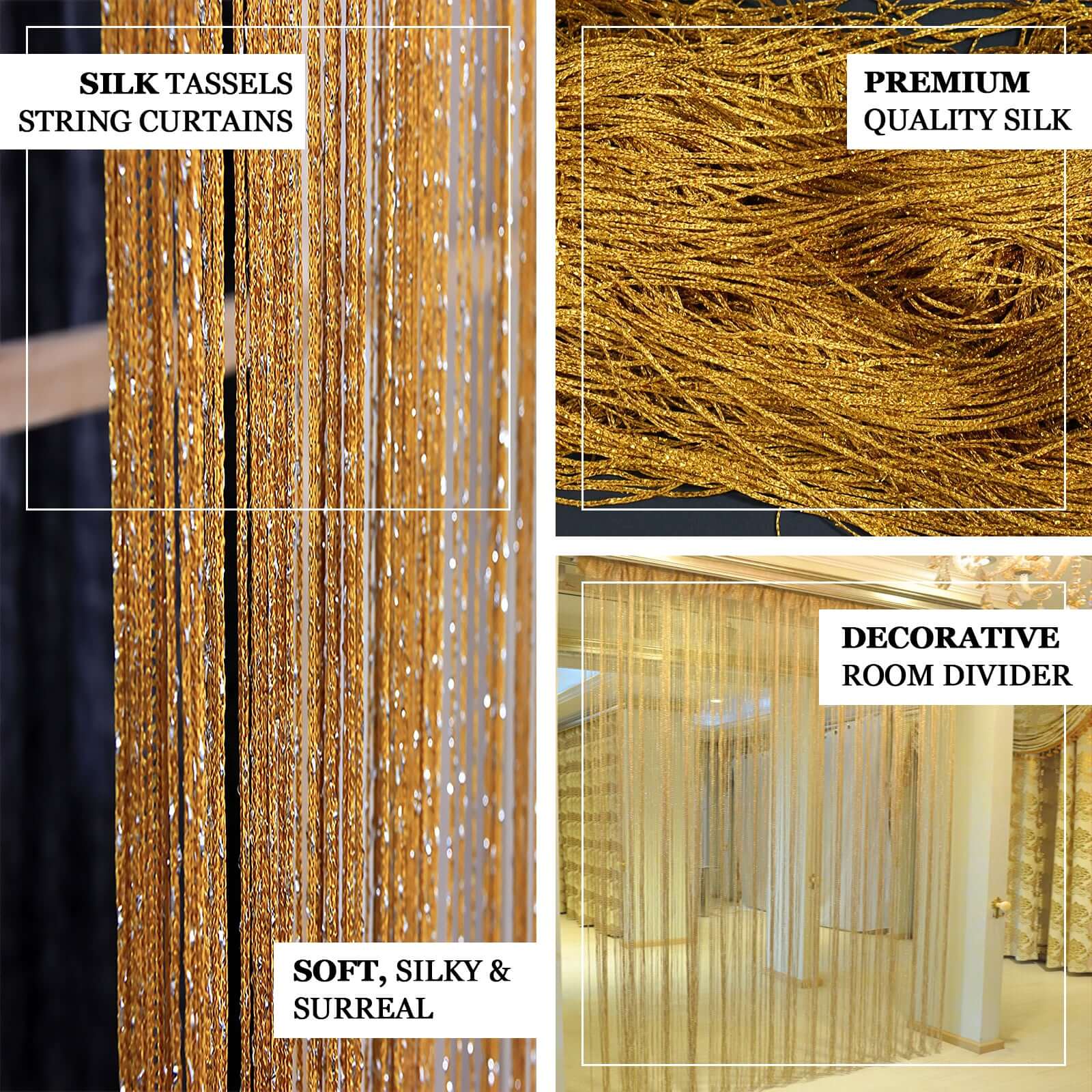 3ftx8ft Gold Silk Tassel String Curtains, Decorative Room Divider Panels - Linen Luxes