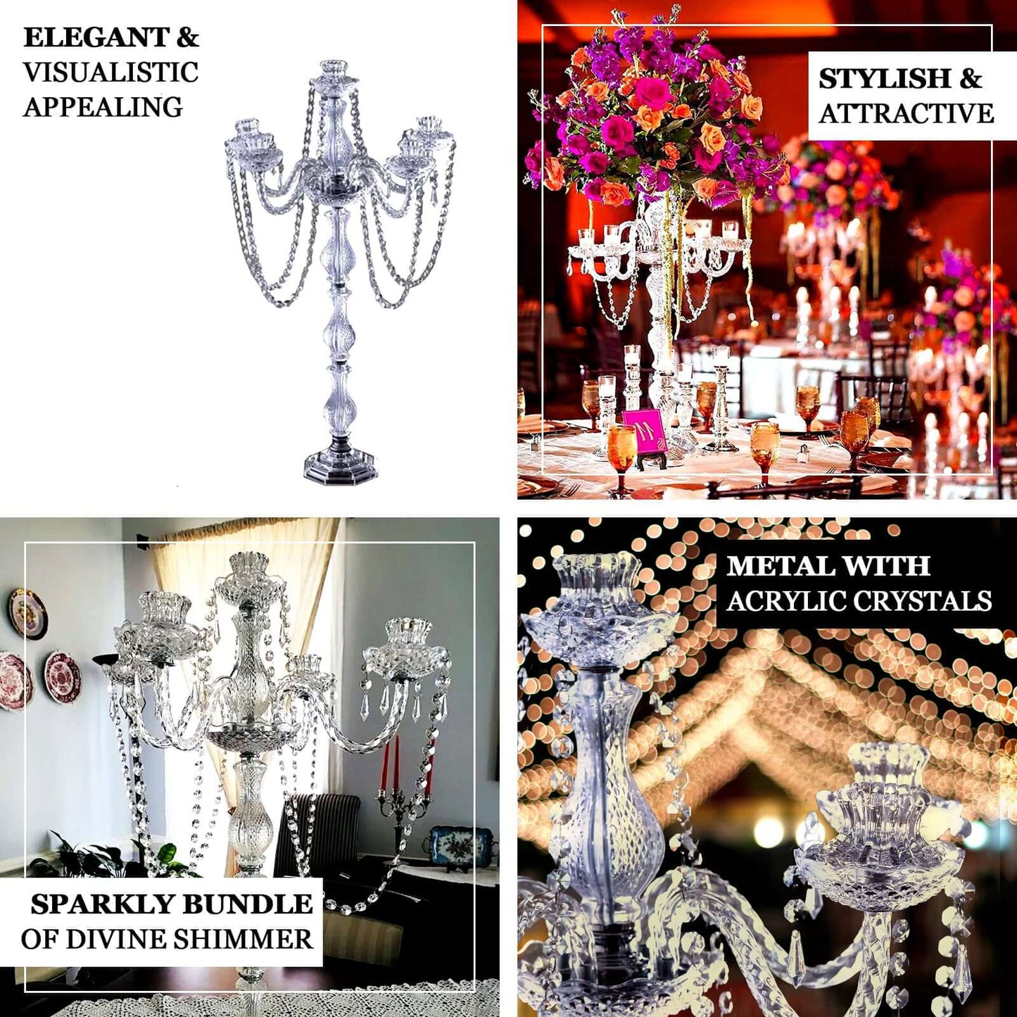 4 - Arm Crystal Chandelier Candelabra Silver Metal - Sophisticated Taper Candlestick Holder Table Centerpiece 35" - Linen Luxes