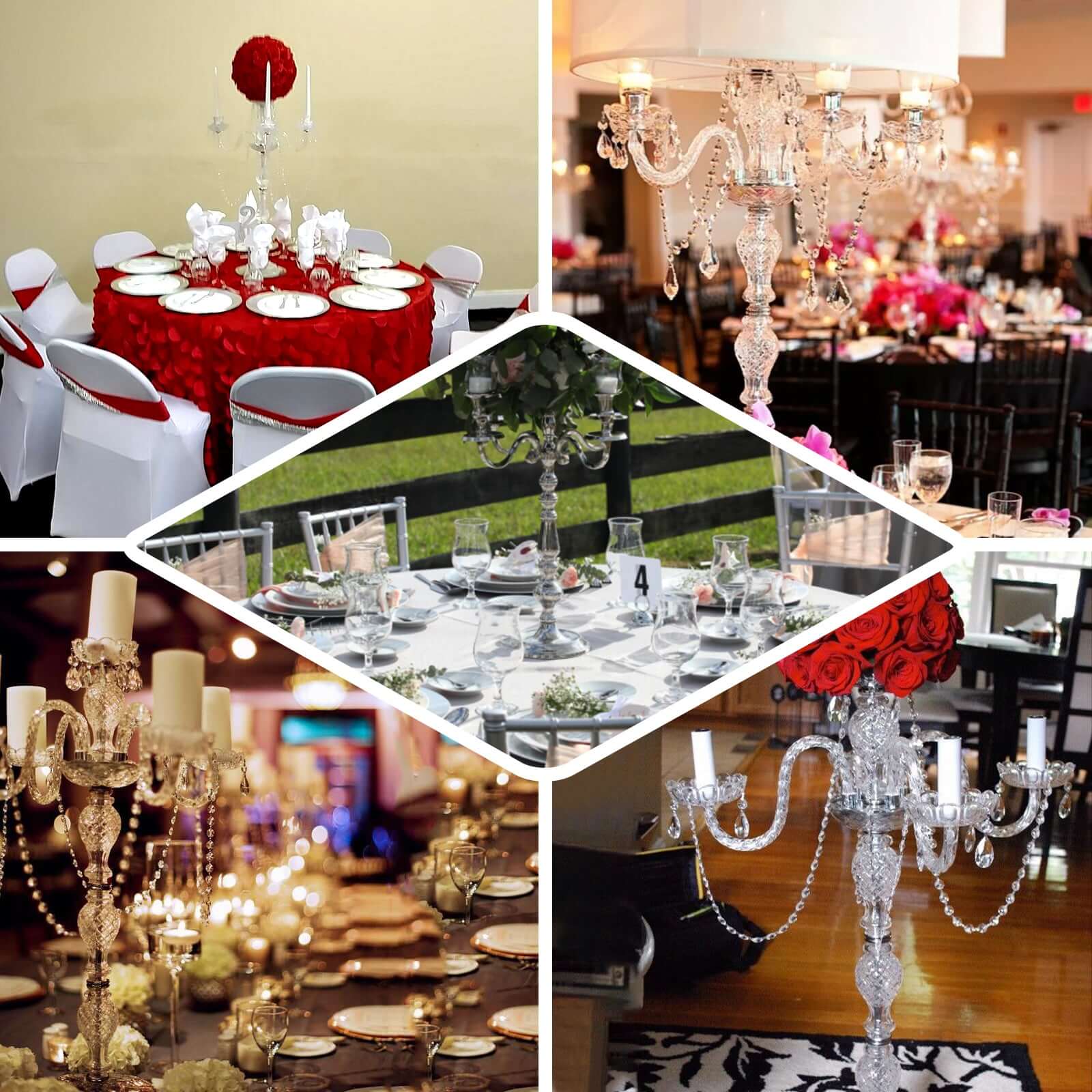 4 - Arm Crystal Chandelier Candelabra Silver Metal - Sophisticated Taper Candlestick Holder Table Centerpiece 35" - Linen Luxes