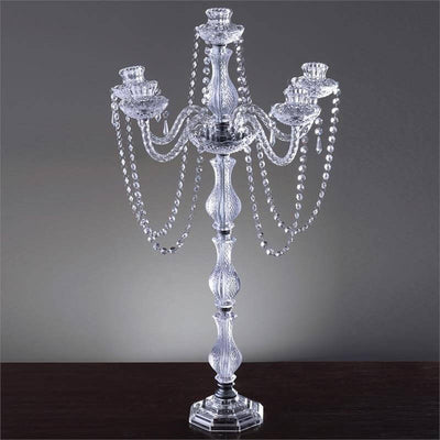 4 - Arm Crystal Chandelier Candelabra Silver Metal - Sophisticated Taper Candlestick Holder Table Centerpiece 35" - Linen Luxes