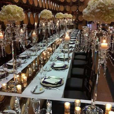 4 - Arm Crystal Chandelier Candelabra Silver Metal - Sophisticated Taper Candlestick Holder Table Centerpiece 35" - Linen Luxes