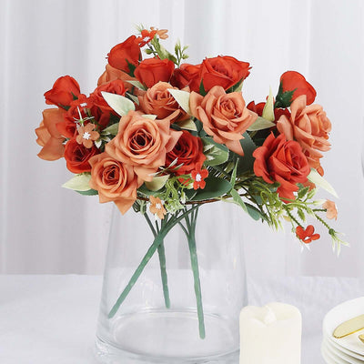 4 Bushes 12" Terracotta (Rust) Real Touch Artificial Silk Rose Flower Bouquet, Faux Bridal Flowers