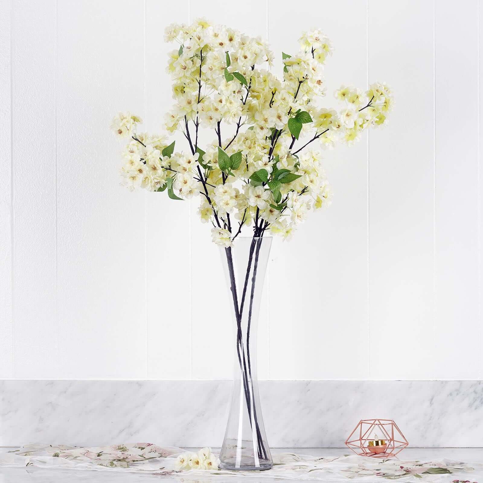 4 Bushes 40" Tall Cream Artificial Silk Cherry Blossom Flowers, Branches - Linen Luxes