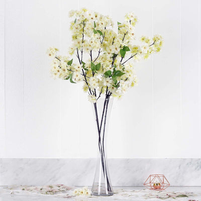 4 Bushes 40" Tall Cream Artificial Silk Cherry Blossom Flowers, Branches - Linen Luxes