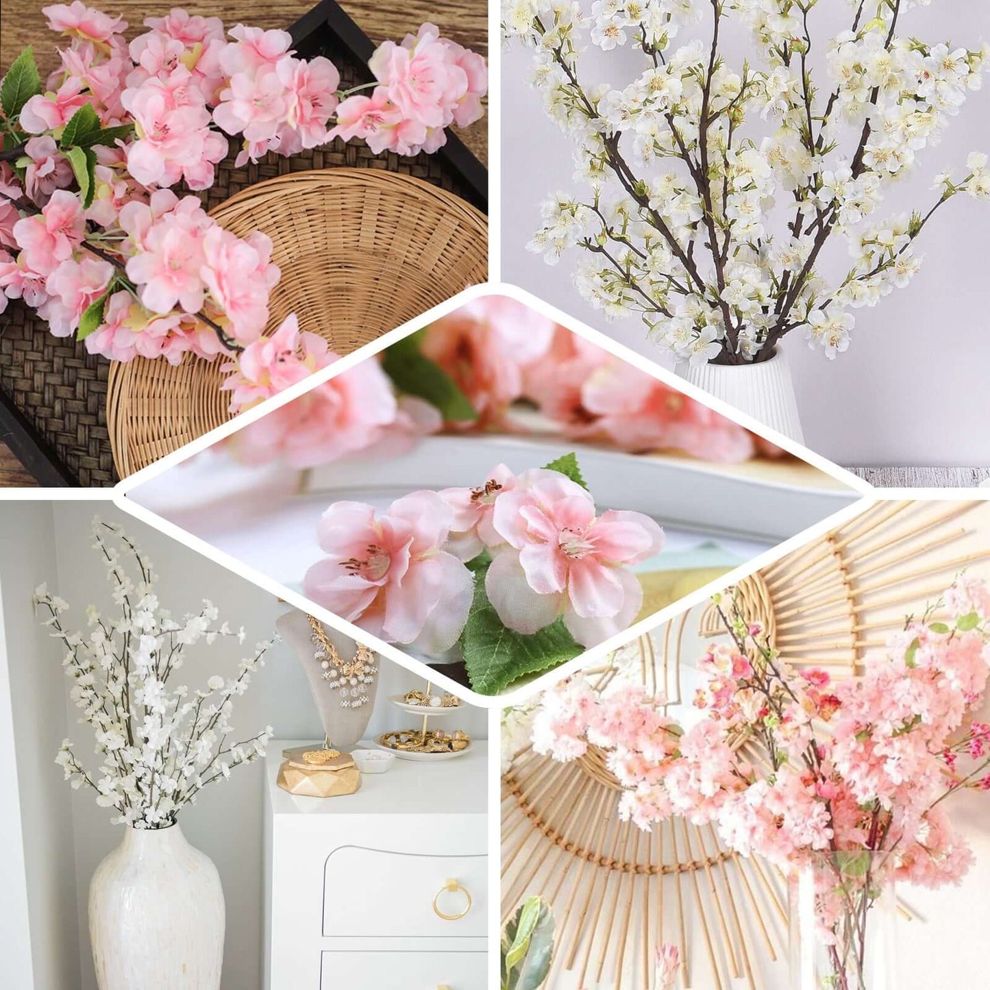 4 Bushes 40" Tall Pink Artificial Silk Cherry Blossom Flowers, Branches - Linen Luxes