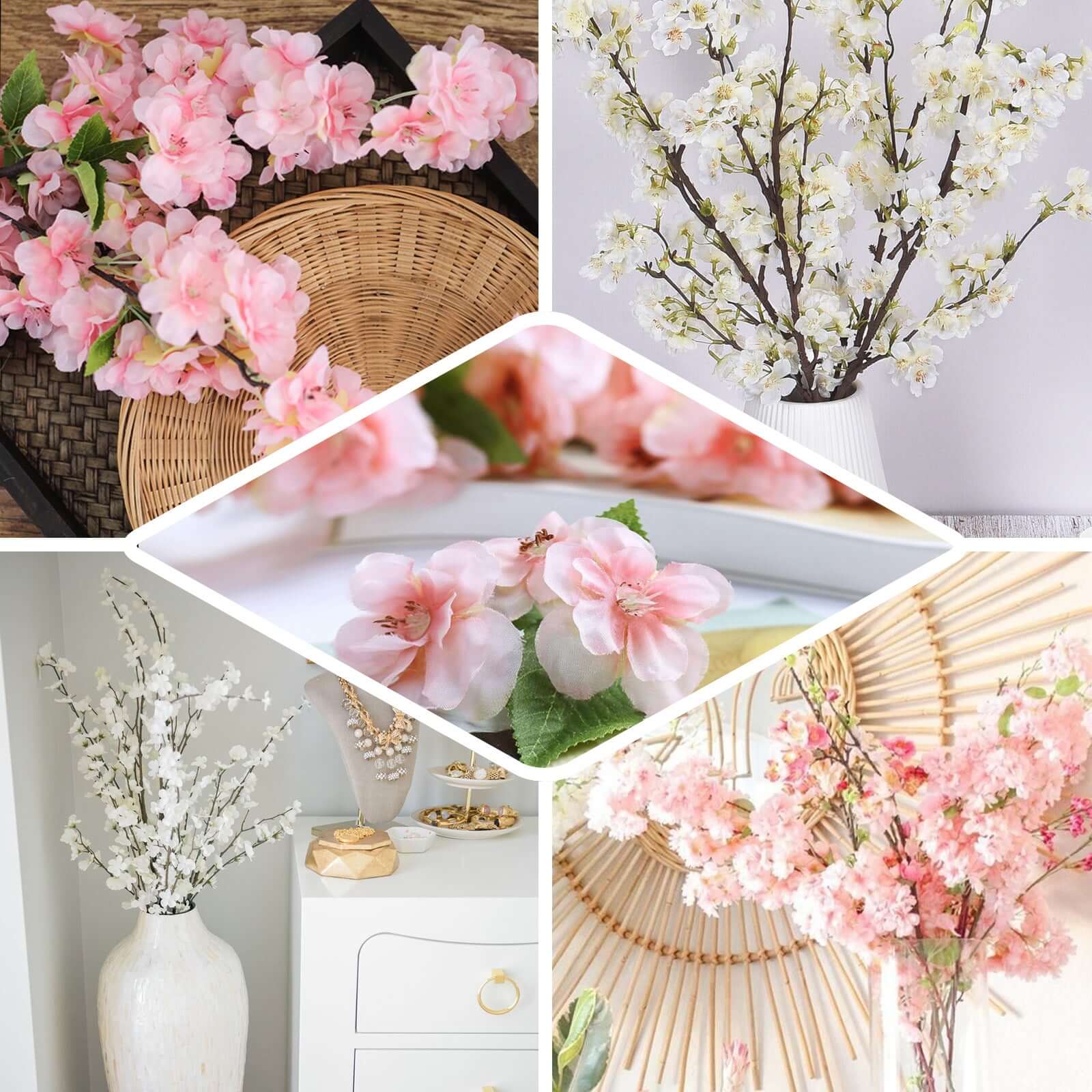 4 Bushes 40" Tall Pink Artificial Silk Cherry Blossom Flowers, Branches - Linen Luxes