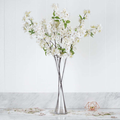 4 Bushes 40" Tall White Artificial Silk Cherry Blossom Flowers, Branches - Linen Luxes