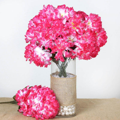 4 Bushes Fuchsia Artificial Silk Chrysanthemums 56 Faux Flowers - Clearance SALE - Linen Luxes