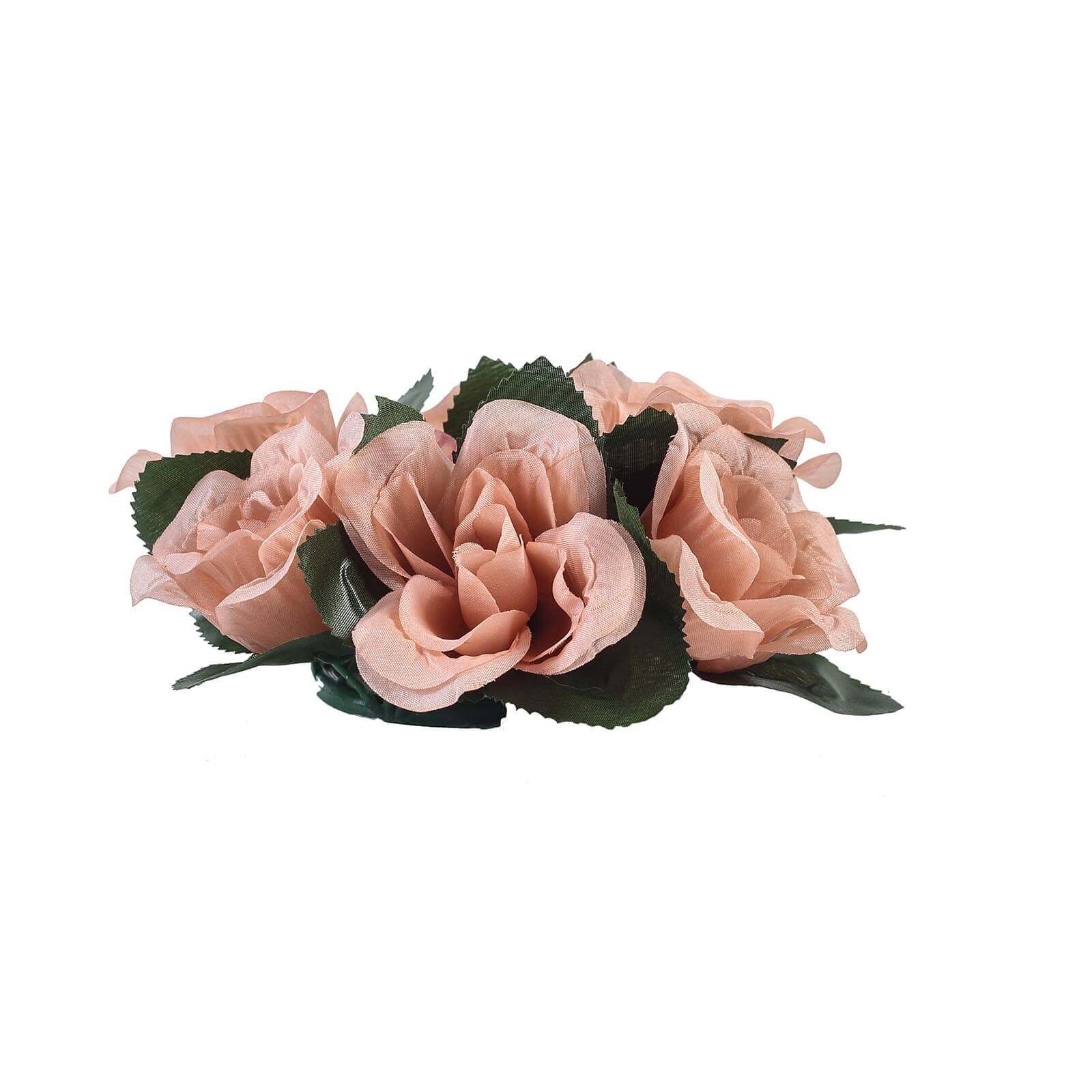 4 Pack 3" Dusty Rose Artificial Silk Rose Flower Candle Ring Wreaths - Linen Luxes