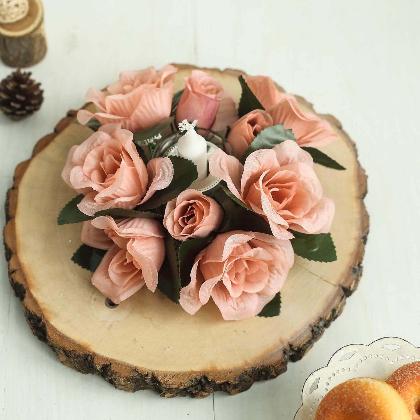 4 Pack 3" Dusty Rose Artificial Silk Rose Flower Candle Ring Wreaths - Linen Luxes