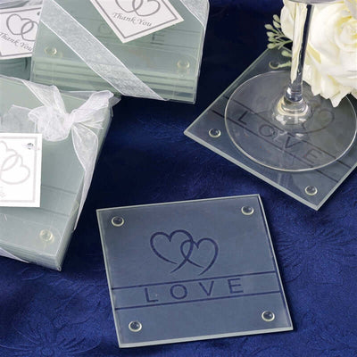 4 Pack 3" Gift Wrapped Love Engraved Square Party Favors Glass Coasters With Thank You Tag - Linen Luxes