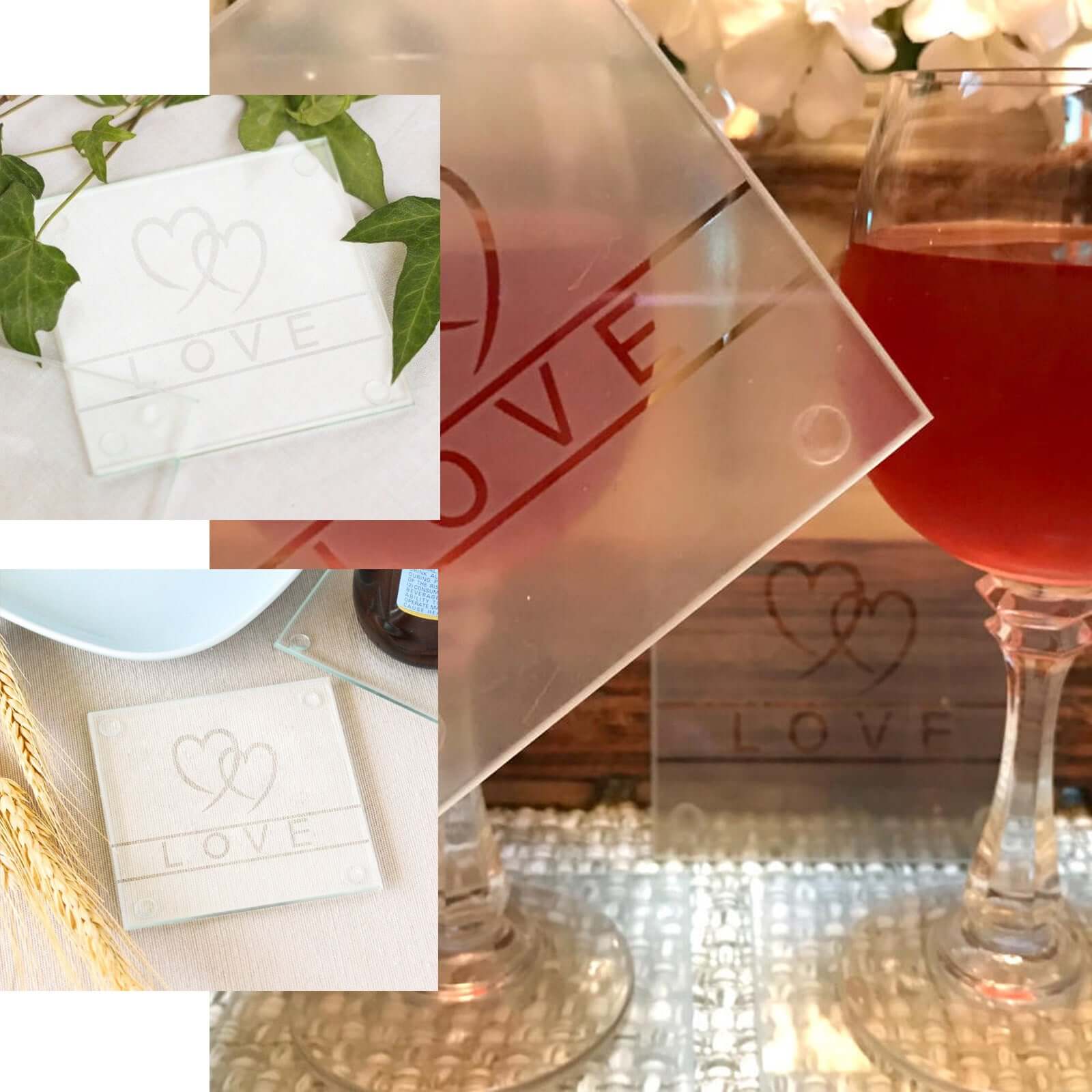 4 Pack 3" Gift Wrapped Love Engraved Square Party Favors Glass Coasters With Thank You Tag - Linen Luxes