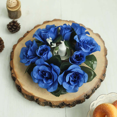 4 Pack 3" Royal Blue Artificial Silk Rose Flower Candle Ring Wreaths - Linen Luxes