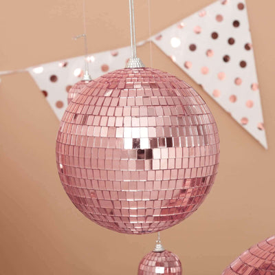 4 Pack 6" Rose Gold Foam Disco Mirror Ball With Hanging Strings, Holiday Christmas Ornaments - Linen Luxes