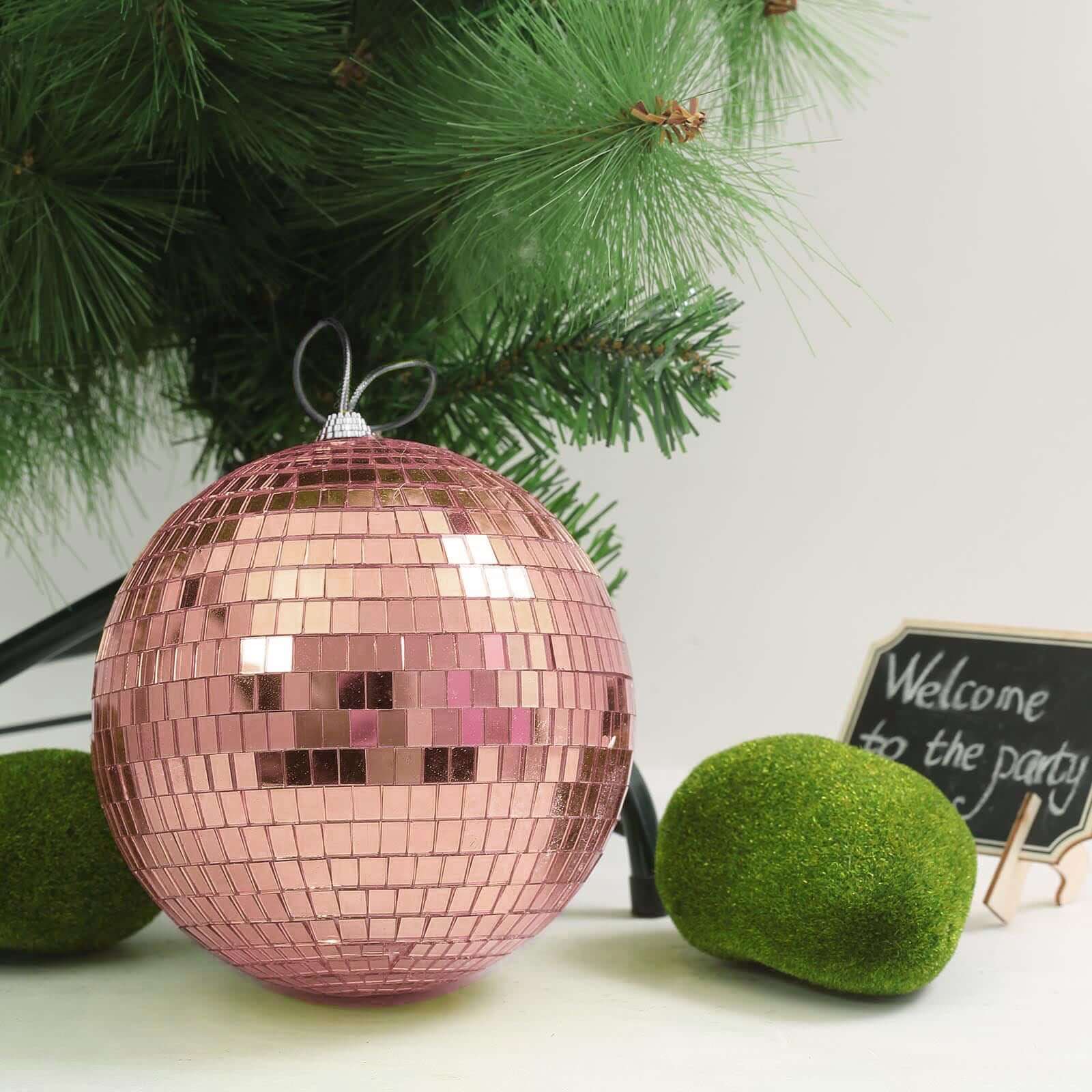 4 Pack 6" Rose Gold Foam Disco Mirror Ball With Hanging Strings, Holiday Christmas Ornaments - Linen Luxes