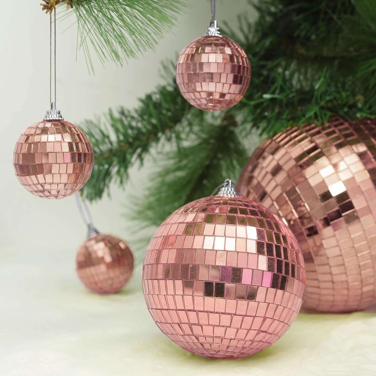 4 Pack 6" Rose Gold Foam Disco Mirror Ball With Hanging Strings, Holiday Christmas Ornaments - Linen Luxes