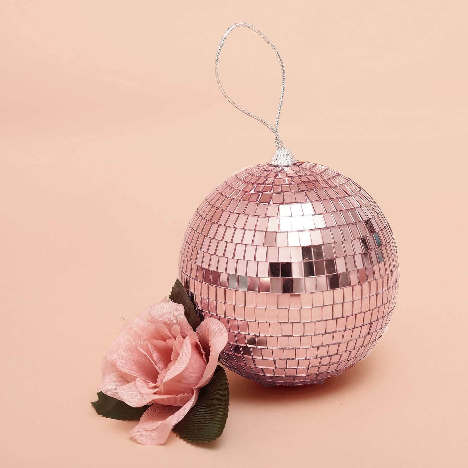 4 Pack 6" Rose Gold Foam Disco Mirror Ball With Hanging Strings, Holiday Christmas Ornaments - Linen Luxes