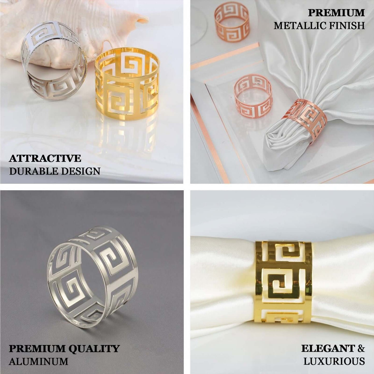 4 Pack Alluring Gold Plated Aluminum Napkin Rings - Linen Luxes