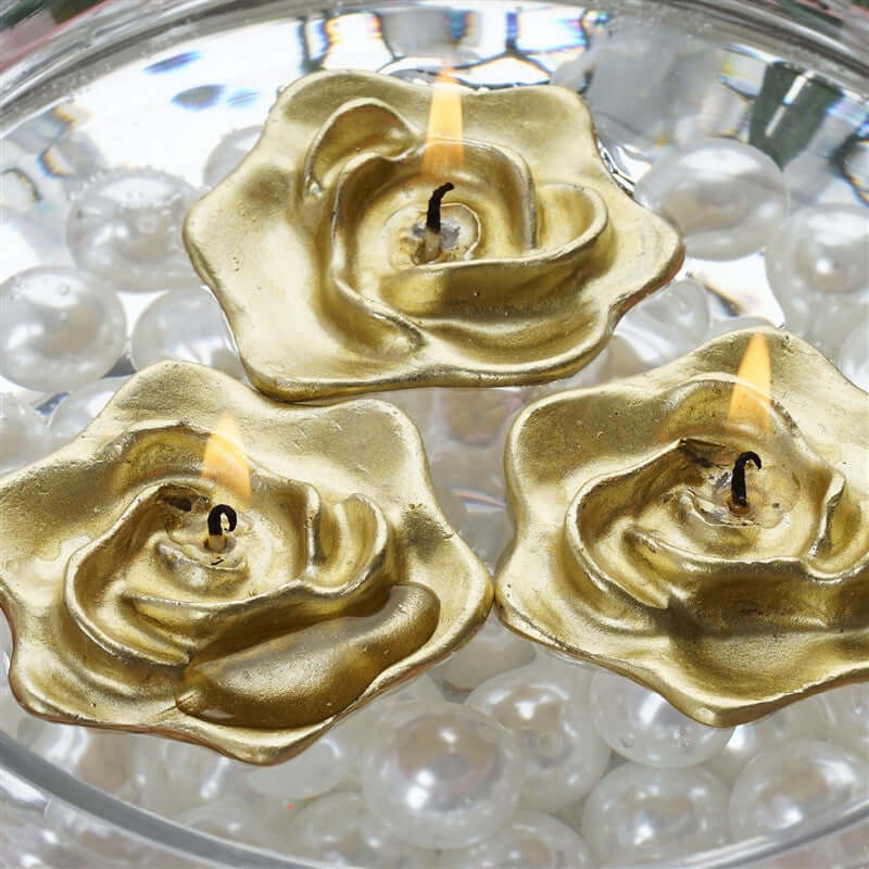 4 - Pack Floating Candles Rose Flower Design Gold - Wedding Vase Fillers for Events 2.5" - Linen Luxes