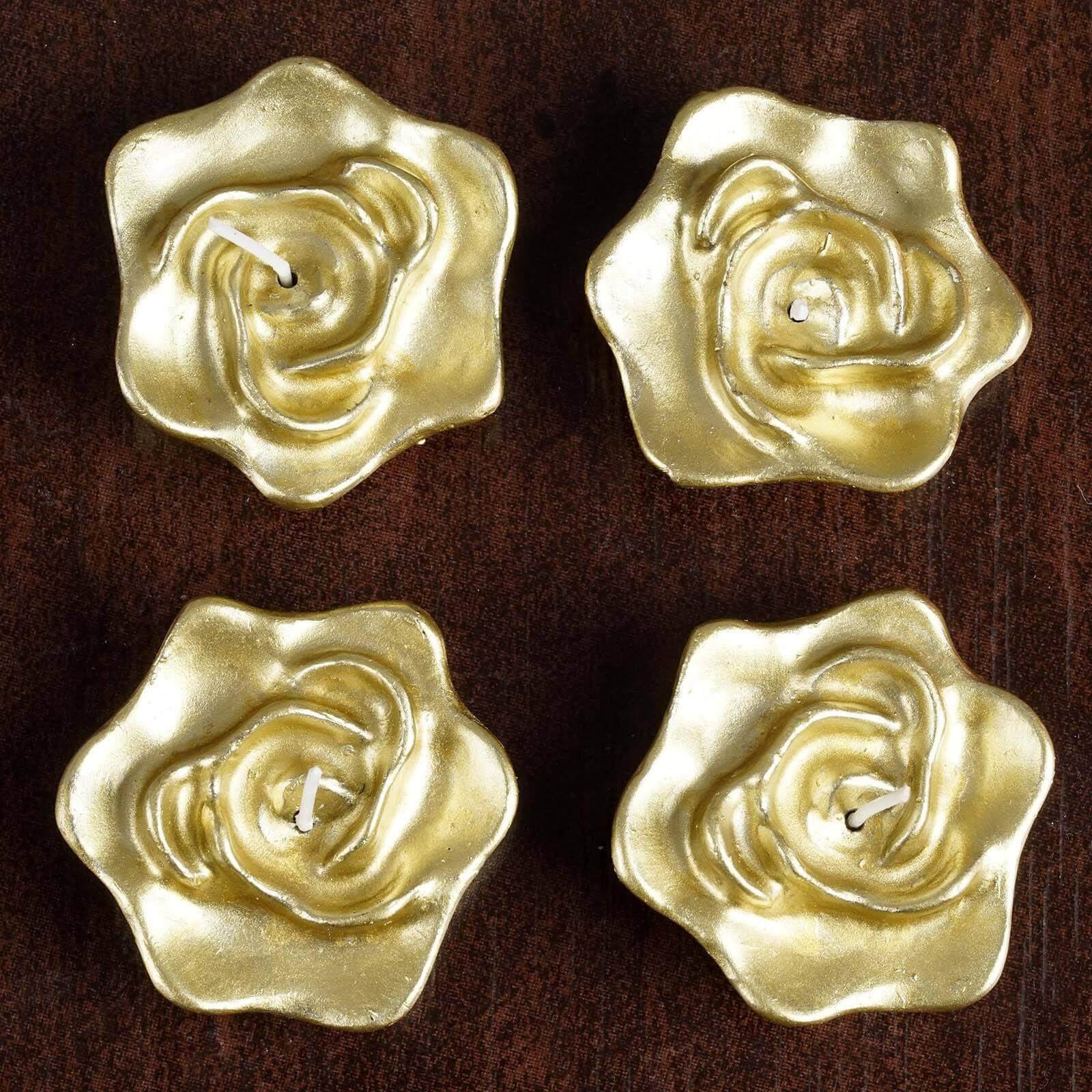 4 - Pack Floating Candles Rose Flower Design Gold - Wedding Vase Fillers for Events 2.5" - Linen Luxes