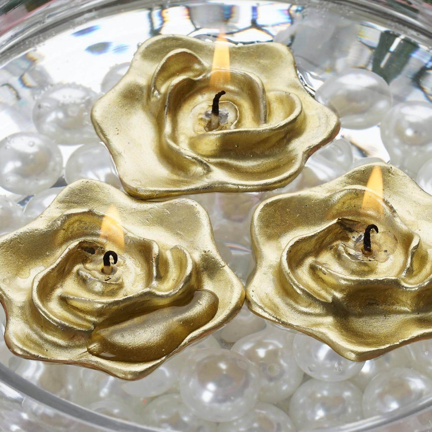 4 - Pack Floating Candles Rose Flower Design Gold - Wedding Vase Fillers for Events 2.5" - Linen Luxes