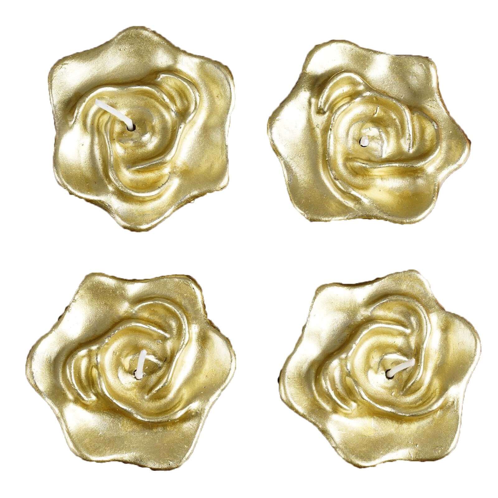 4 - Pack Floating Candles Rose Flower Design Gold - Wedding Vase Fillers for Events 2.5" - Linen Luxes