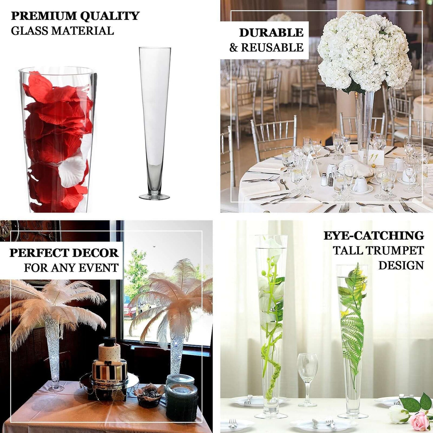 4 - Pack Glass Trumpet Vases Clear - Durable Design for Chic Event Displays 28" - Linen Luxes