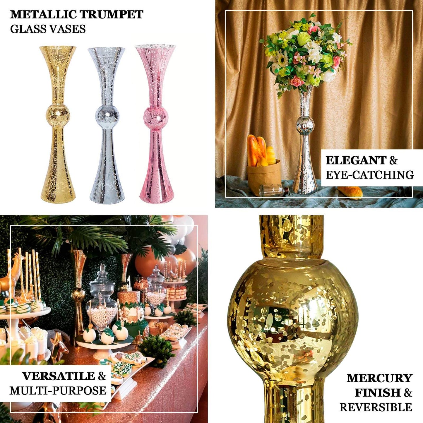 4 - Pack Glass Trumpet Vases Reversible Latour Design Clear - Classy Wedding Table Flower Centerpieces 24" - Linen Luxes