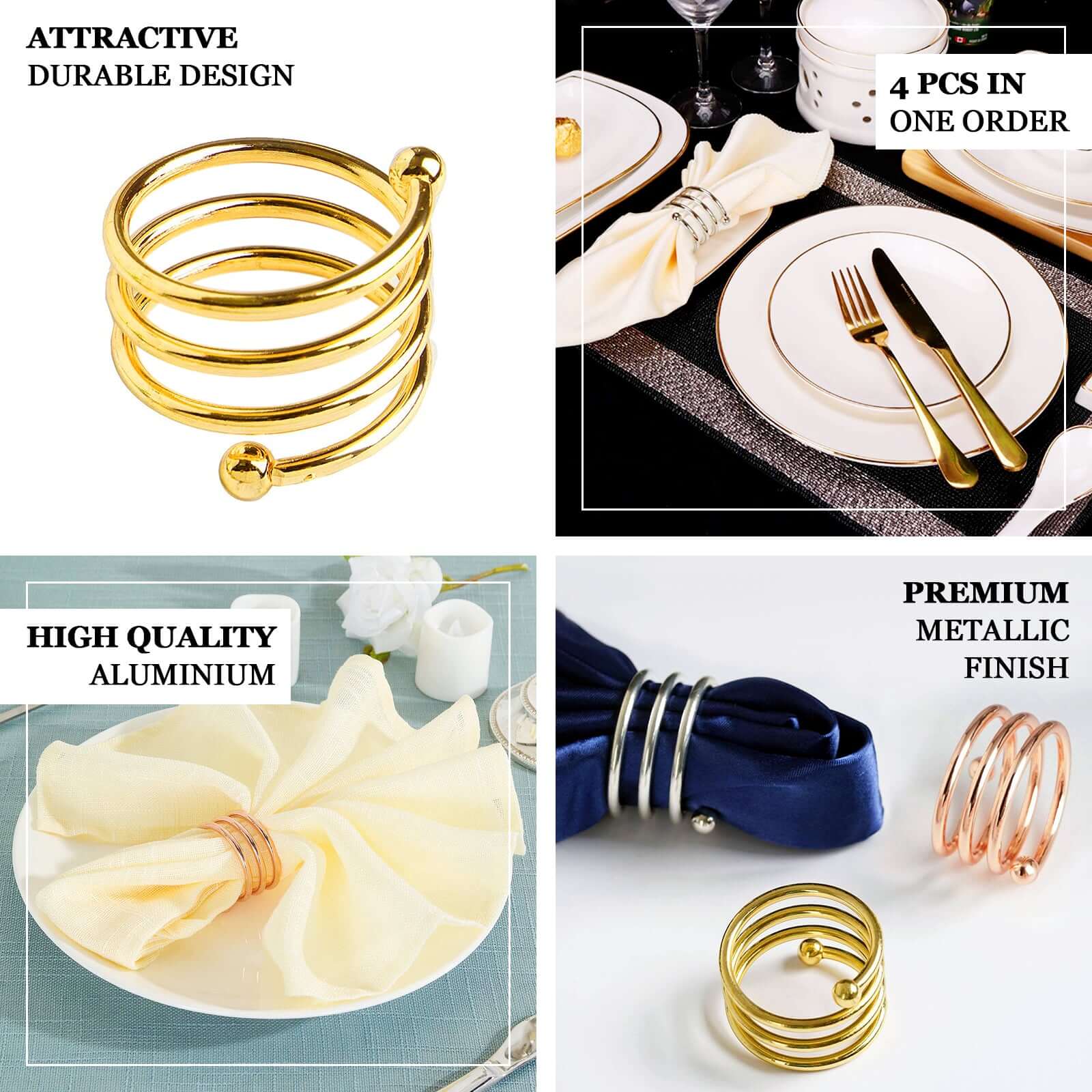 4 Pack Gold Plated Spiral Aluminum Napkin Rings - Linen Luxes