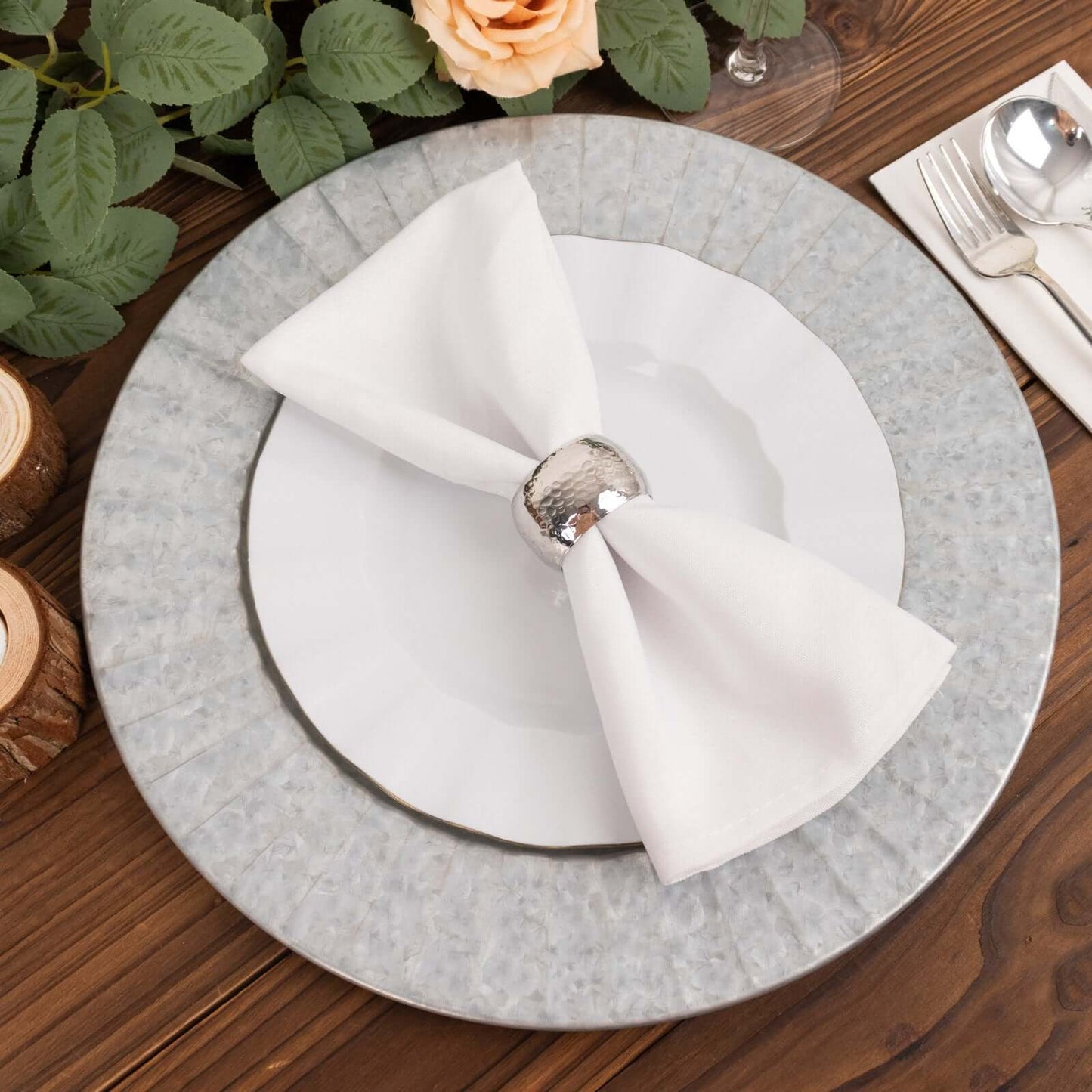 4 - Pack Metal Round Charger Plates 13" in Silver with Galvanized Ruffled Rim, Contemporary Charger Tableware - Linen Luxes