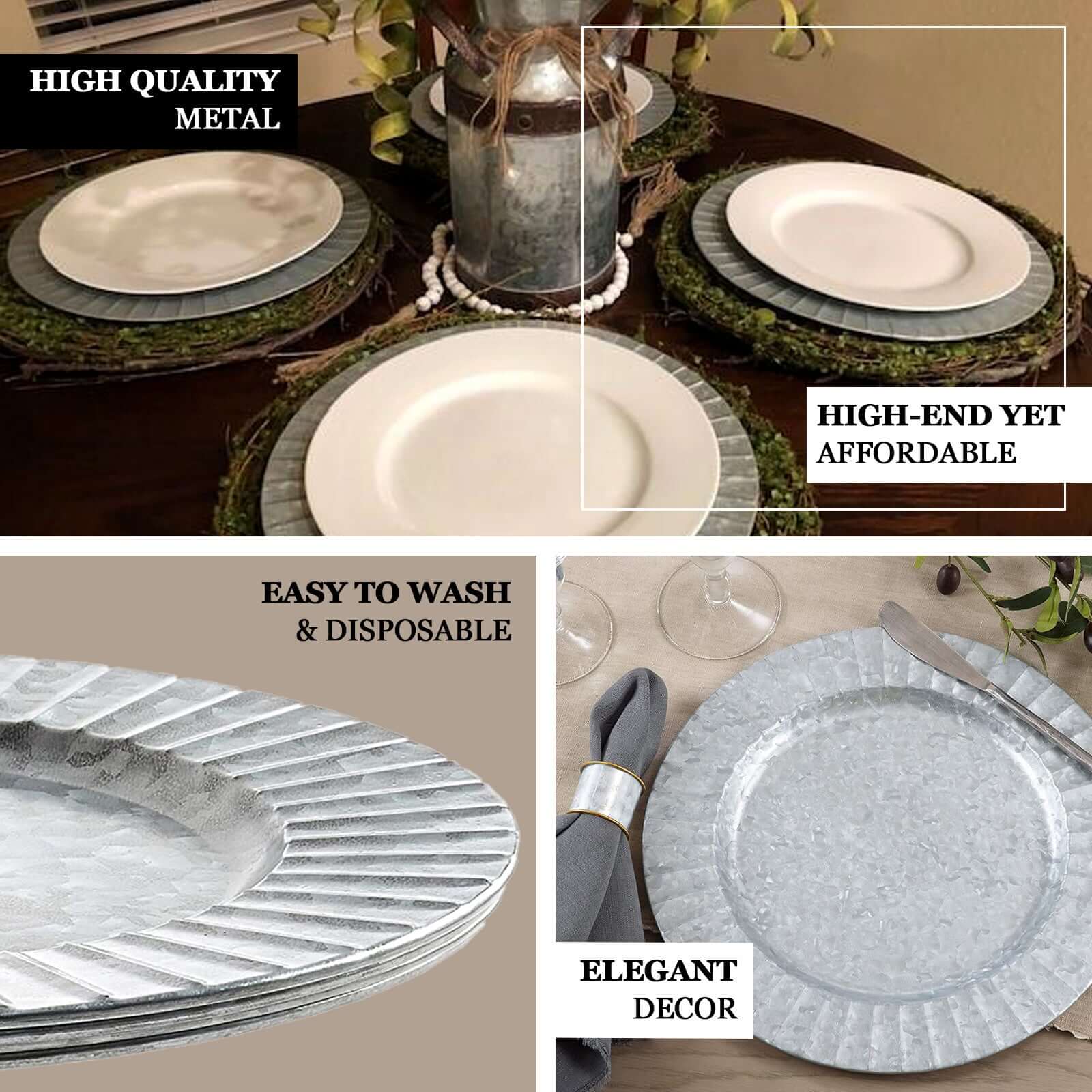 4 - Pack Metal Round Charger Plates 13" in Silver with Galvanized Ruffled Rim, Contemporary Charger Tableware - Linen Luxes