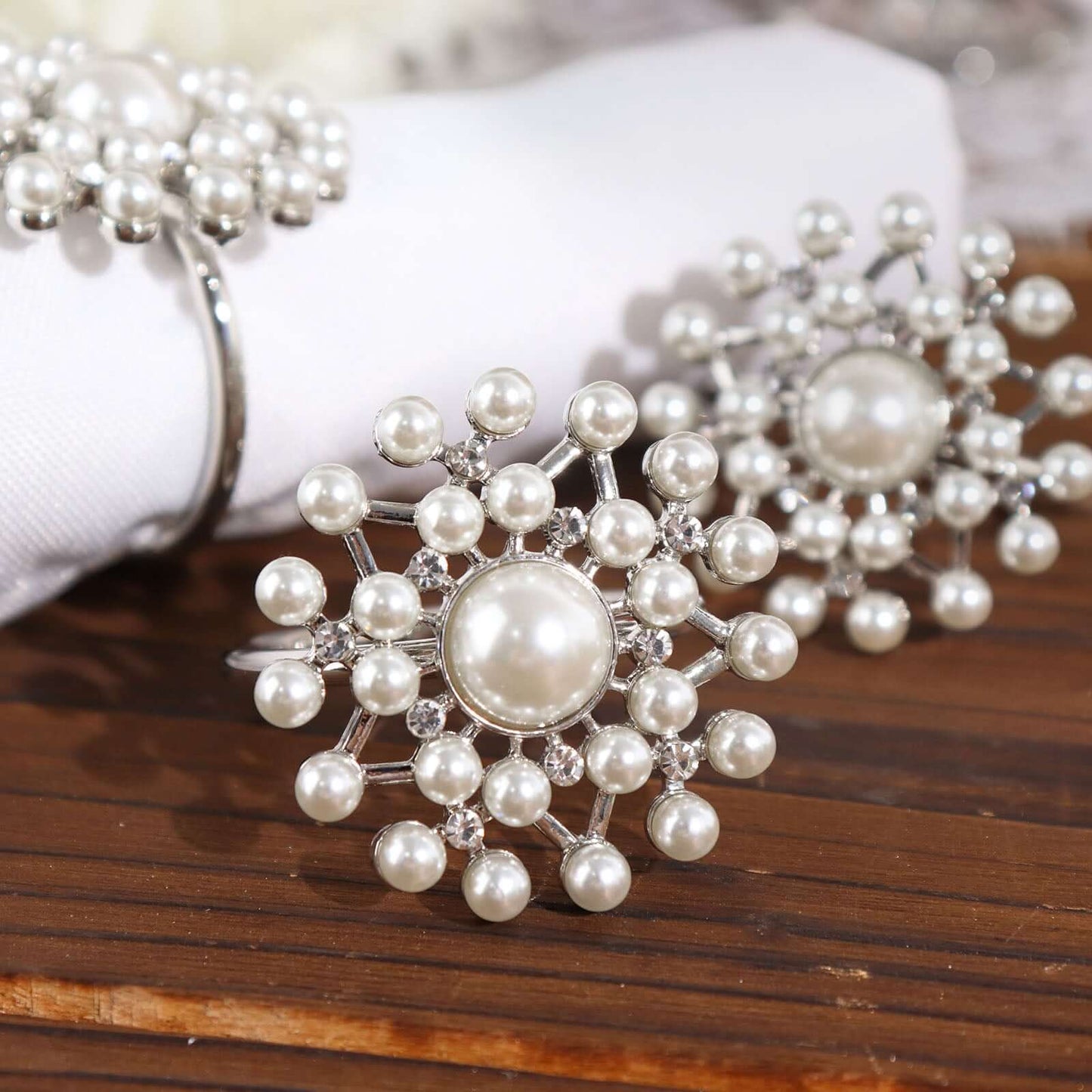 4 Pack Pearl And Diamond Rhinestone Silver Metal Napkin Rings, Decorative Napkin Buckle Holders